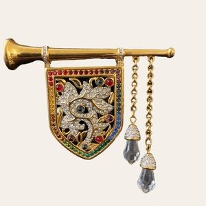 Vintage 1994 Daniel Swarovski Trumpet Heraldic Banner large Brooch Coat Pin